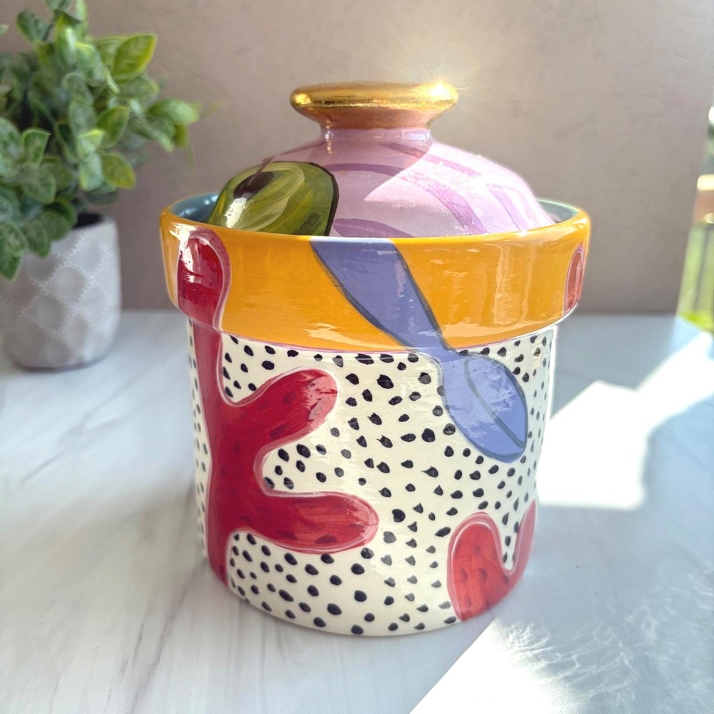Droll Designs Hand Painted Ceramic Canister Whimsical Polka Dot Coral Gold Knob